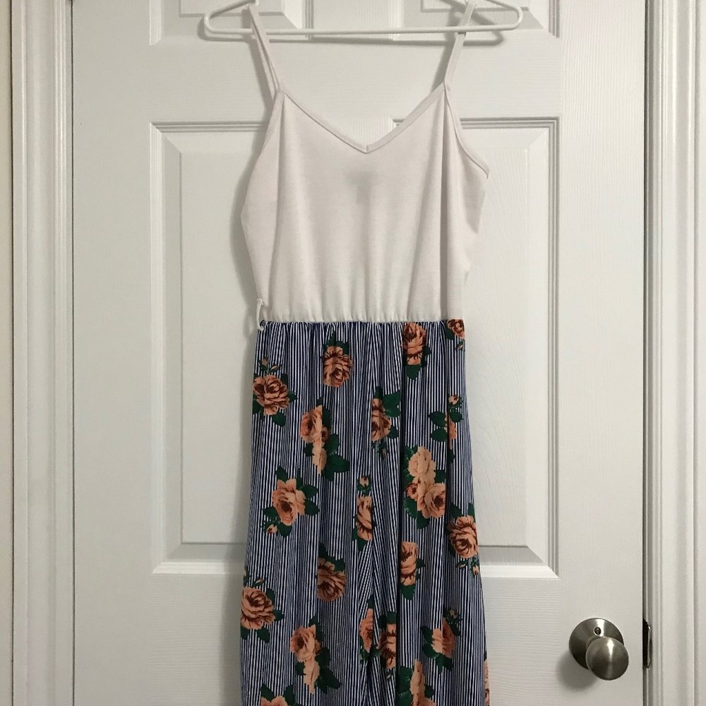 Streetwear Society Floral Stripe Wide Leg Jumpsuit M/L White Blue Orange Green